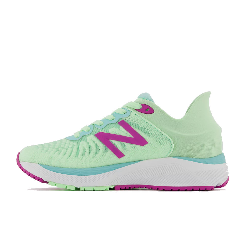 A single New Balance Fresh Foam 860v11 Vibrant Spring Glo - Kids&#39; running shoe with a white sole and the letter &quot;n&quot; logo on the side.