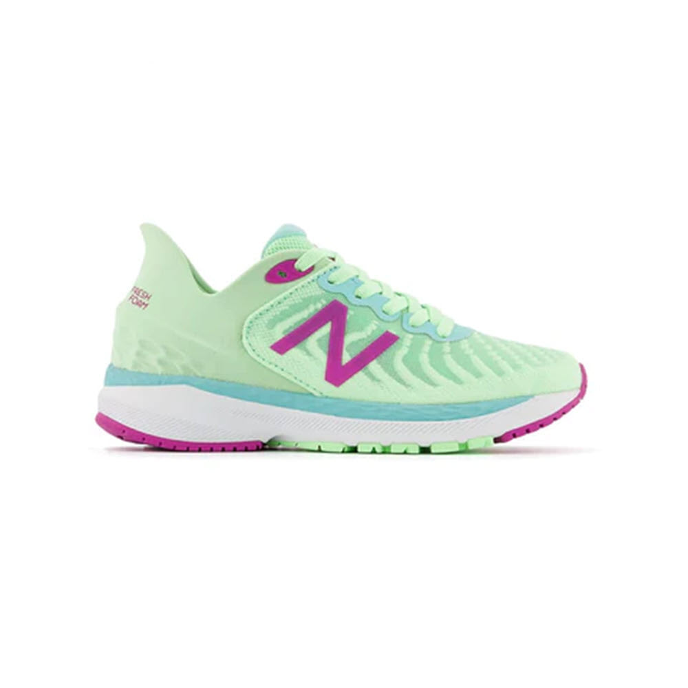 A mint green and purple New Balance Fresh Foam 860v11 Vibrant Spring Glo kids&#39; running shoe on a white background.