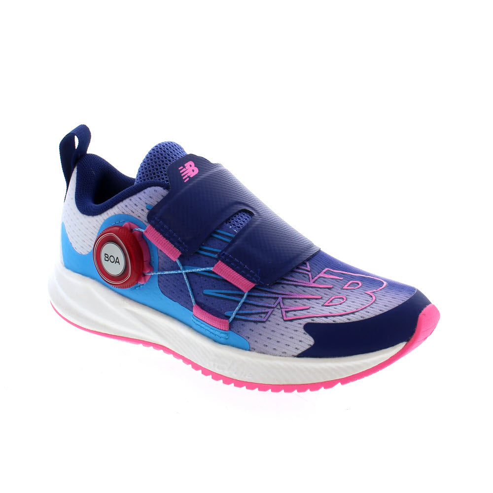 New Balance FuelCore Reveal BOA Vibrant Violet kids&#39; running shoe with a BOA Performance Fit System and vibrant pink accents.