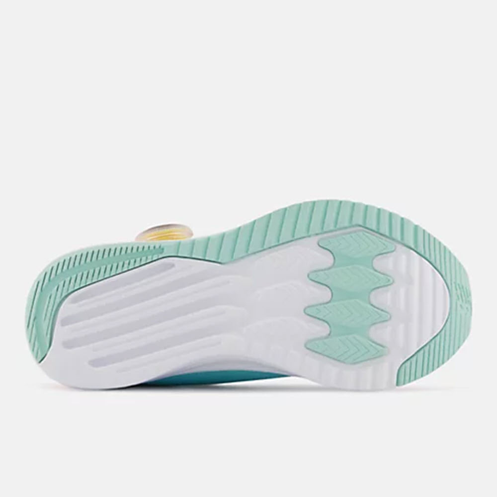 Sole of a New Balance FuelCore Reveal Boa Hi-Pink/Surf - Kids running shoe with a mint green and white tread design.