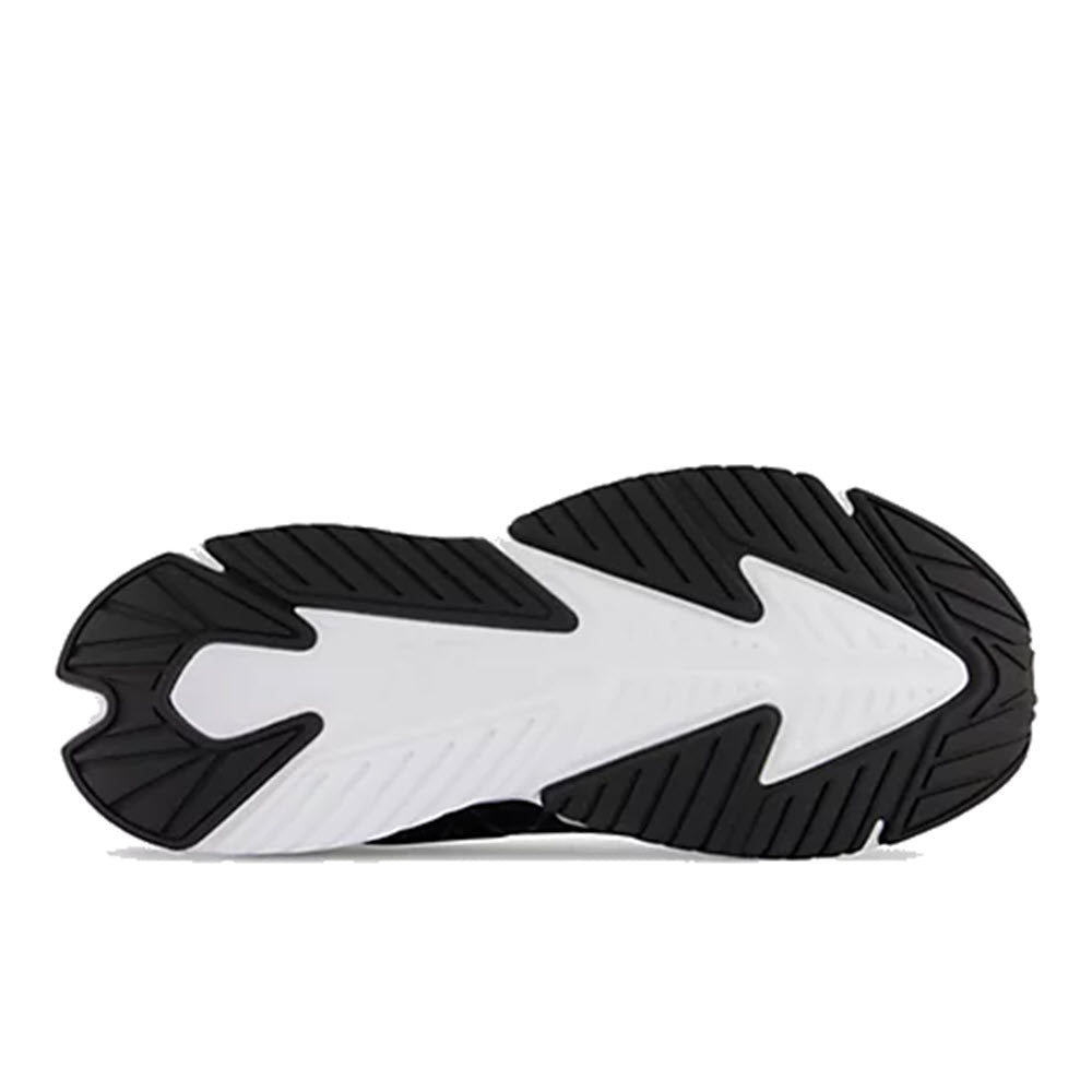 Sole of a New Balance Rave Run V2 Black/White - Kids with a durable rubber outsole and black and white tread pattern.