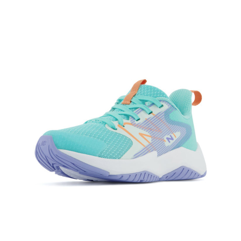 A turquoise and purple New Balance RAV RUN V2 SURF/PEACH GLAZE kids&#39; running shoe with a breathable mesh upper isolated on a white background.