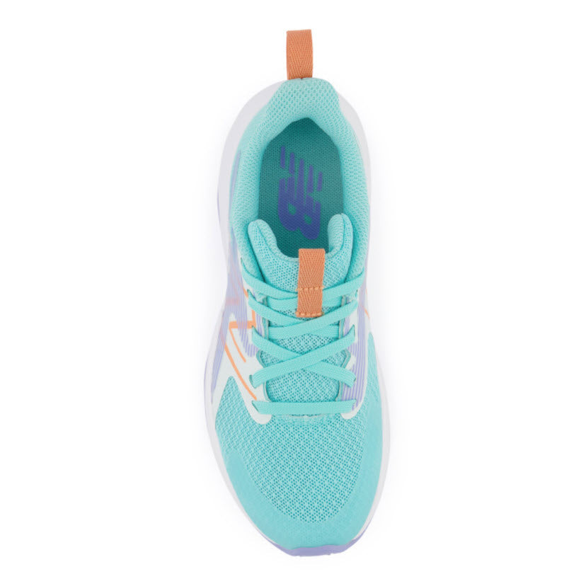 Top view of a single teal and purple New Balance RAV RUN V2 Surf/Peach Glaze kids&#39; running shoe with a breathable mesh upper.