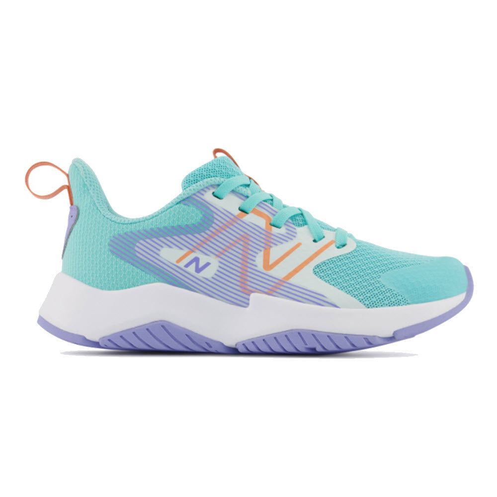 A turquoise and purple New Balance kids&#39; running shoe with the logo &quot;in&quot; on the side.