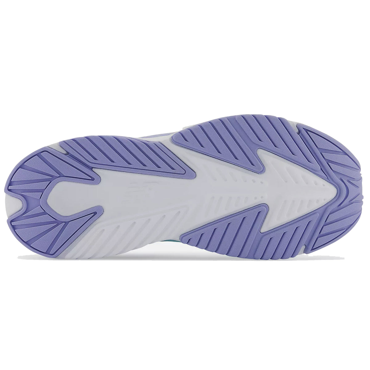 Bottom view of a New Balance RAV RUN V2 SURF/PEACH GLAZE - KIDS running shoe with a white and lavender rubber sole showing a detailed tread pattern.
