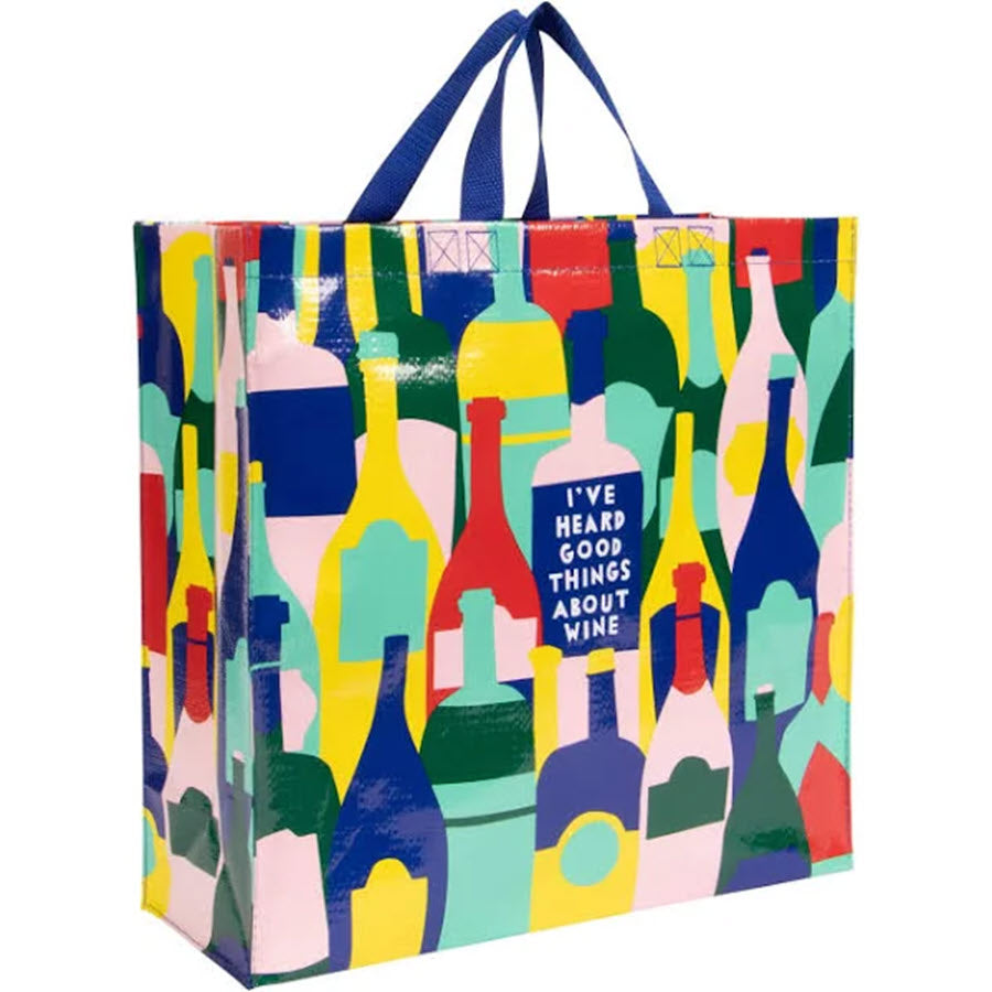 Colorful reusable Blue Q Shopper Tote Good Things with abstract wine bottle design and the phrase &quot;I&#39;ve heard good things about wine,&quot; ideal for wine enthusiasts.