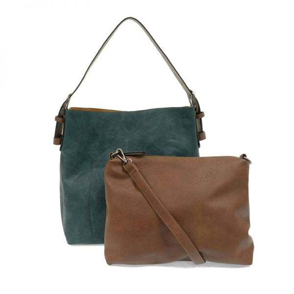 Two JOY SUSAN Classic Hobo Bags in teal and brown against a white background, featuring a classic hobo bag design with removable crossbody straps.