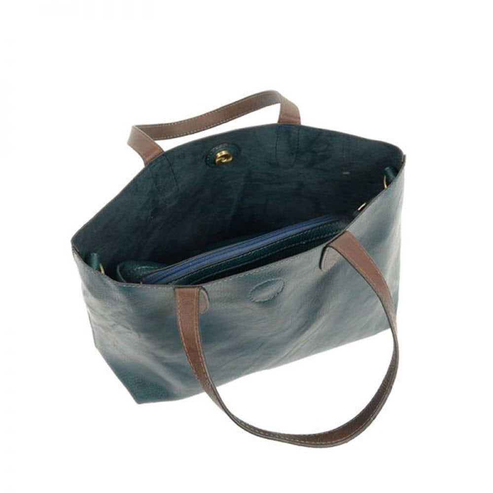 Empty Joy Susan Mariah Tote Bag in Dark Turquoise with brown handles viewed from the top.