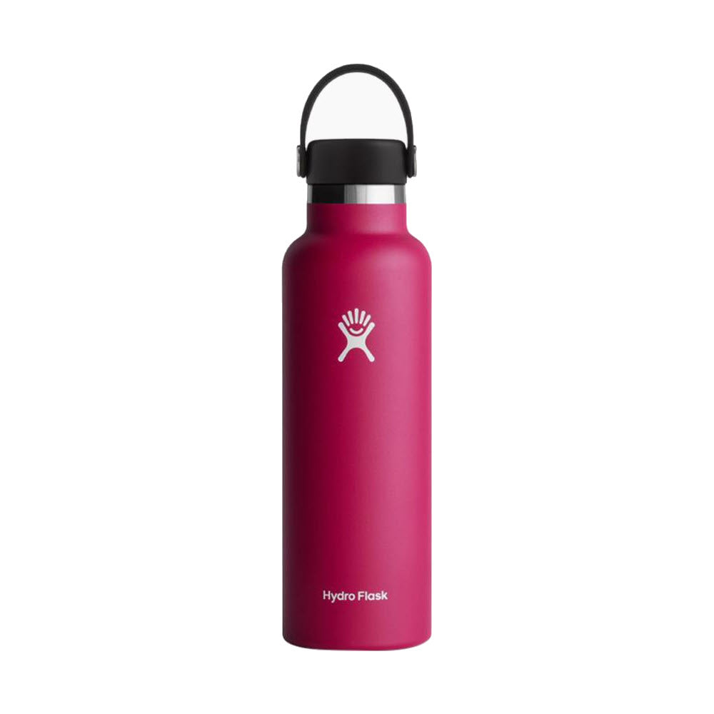 Red insulated stainless steel Hydro Flask Standard Hydration 21oz Snapper water bottle with a black cap and handle on a white background.