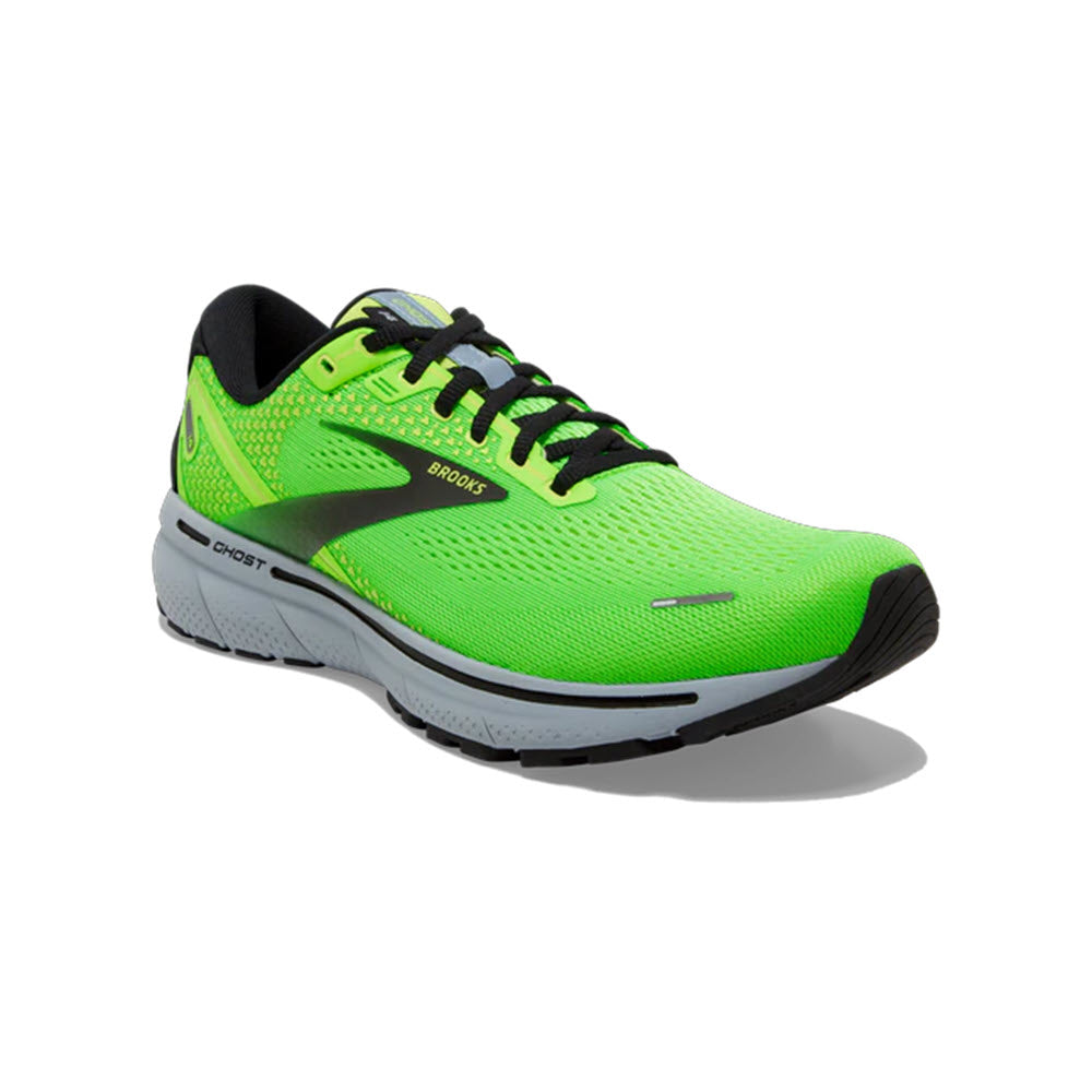 Men&#39;s Brooks GHOST 14 GREEN GECKO/BLACK running shoe with DNA LOFT cushioning on a white background.