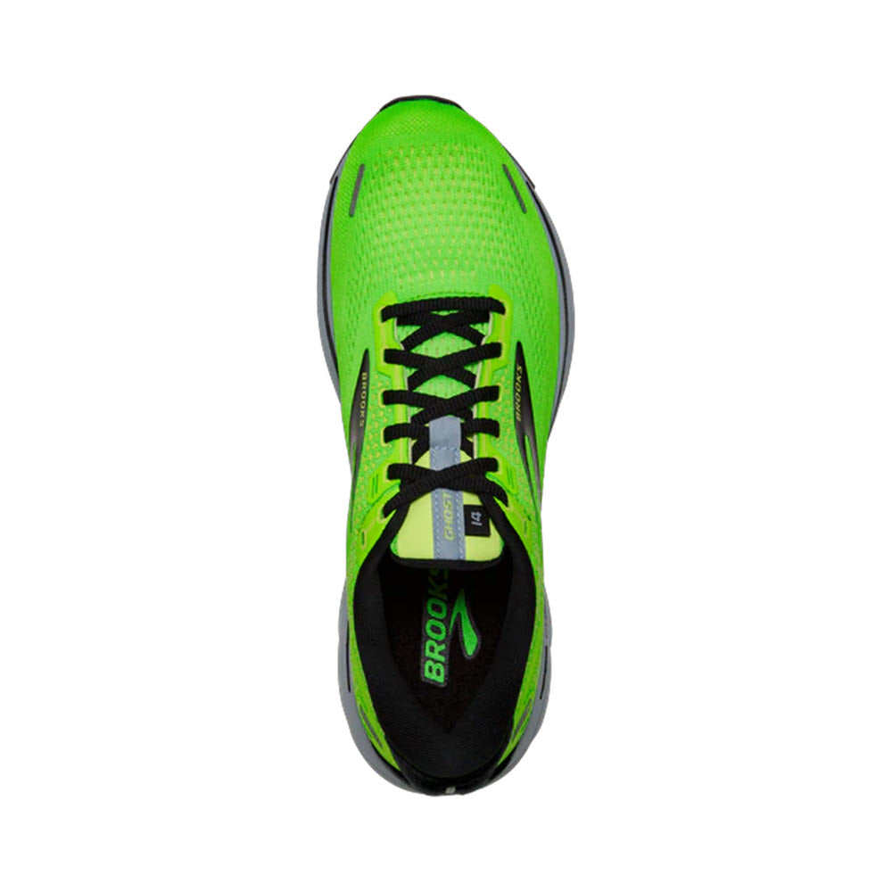 Top view of a green Men&#39;s Brooks Ghost 14 Green Gecko/Black running shoe with black laces.