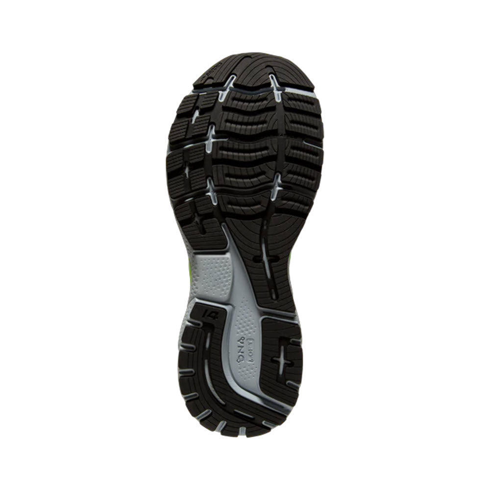 Tread pattern of a black Men&#39;s Brooks Ghost 14 Green Gecko/Black running shoe sole with Brooks logo.