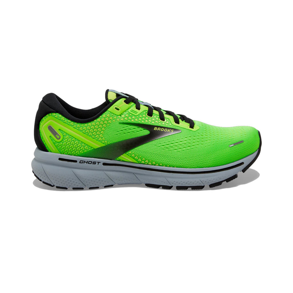 Bright green Men&#39;s Brooks Ghost 14 Green Gecko/Black running shoe with black accents on a white background, featuring DNA LOFT cushioning.
