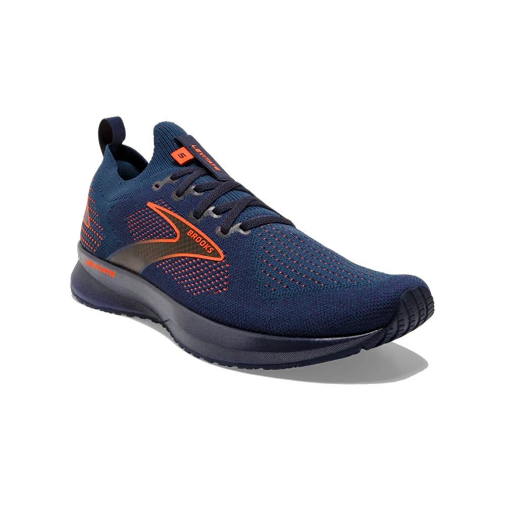 A single blue and orange Brooks Levitate StealthFit 5 Peacoat/Titan/Flame athletic running shoe displayed against a white background.