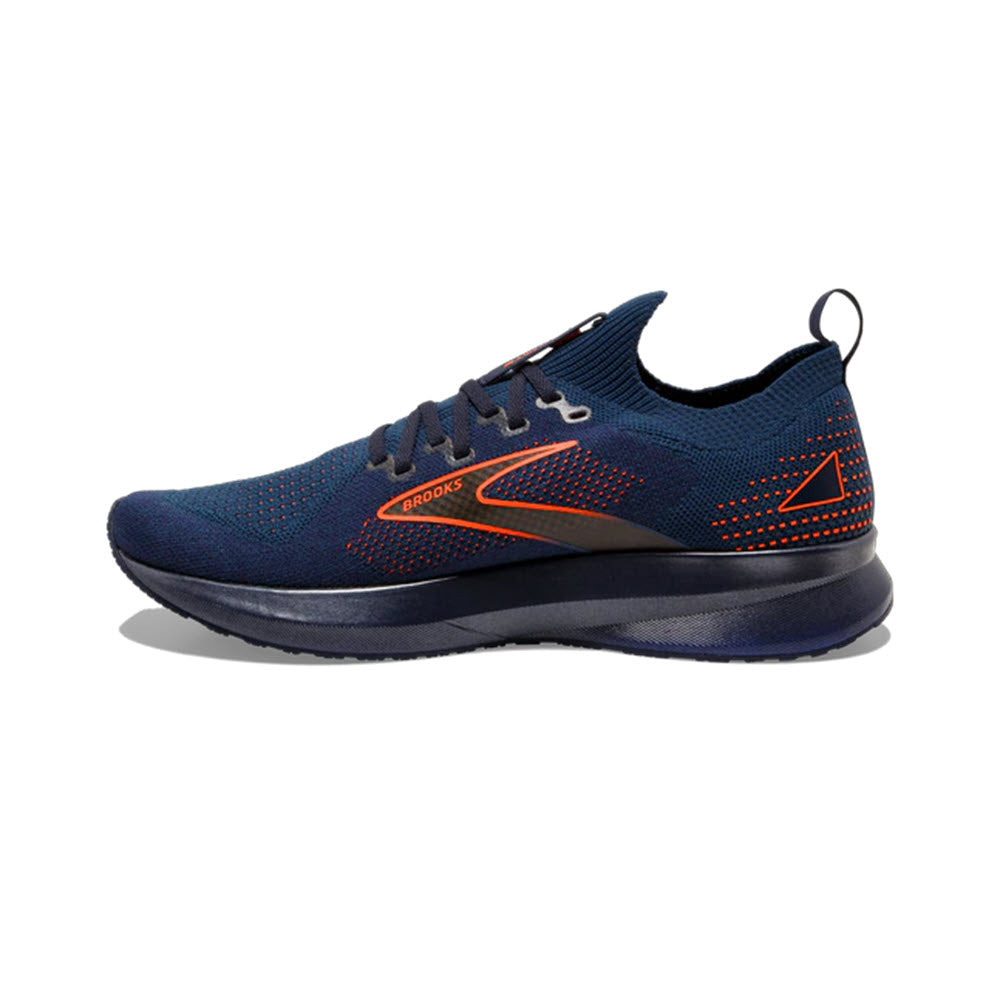 A single blue Brooks Levitate StealthFit 5 Peacoat/Titan/Flame running shoe with orange accents and branding on a white background.