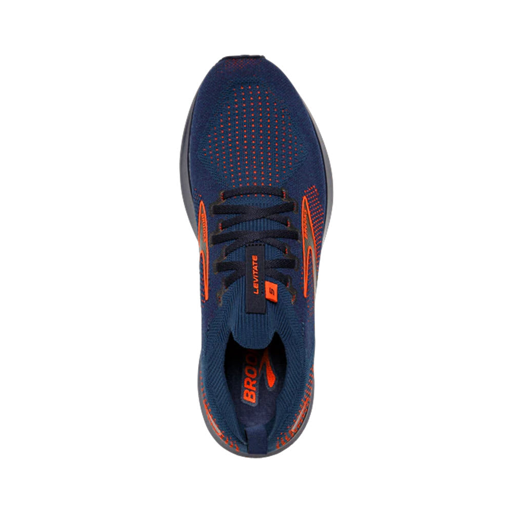 Top view of a blue Brooks Levitate StealthFit 5 Peacoat/Titan/Flame running shoe with orange accents.