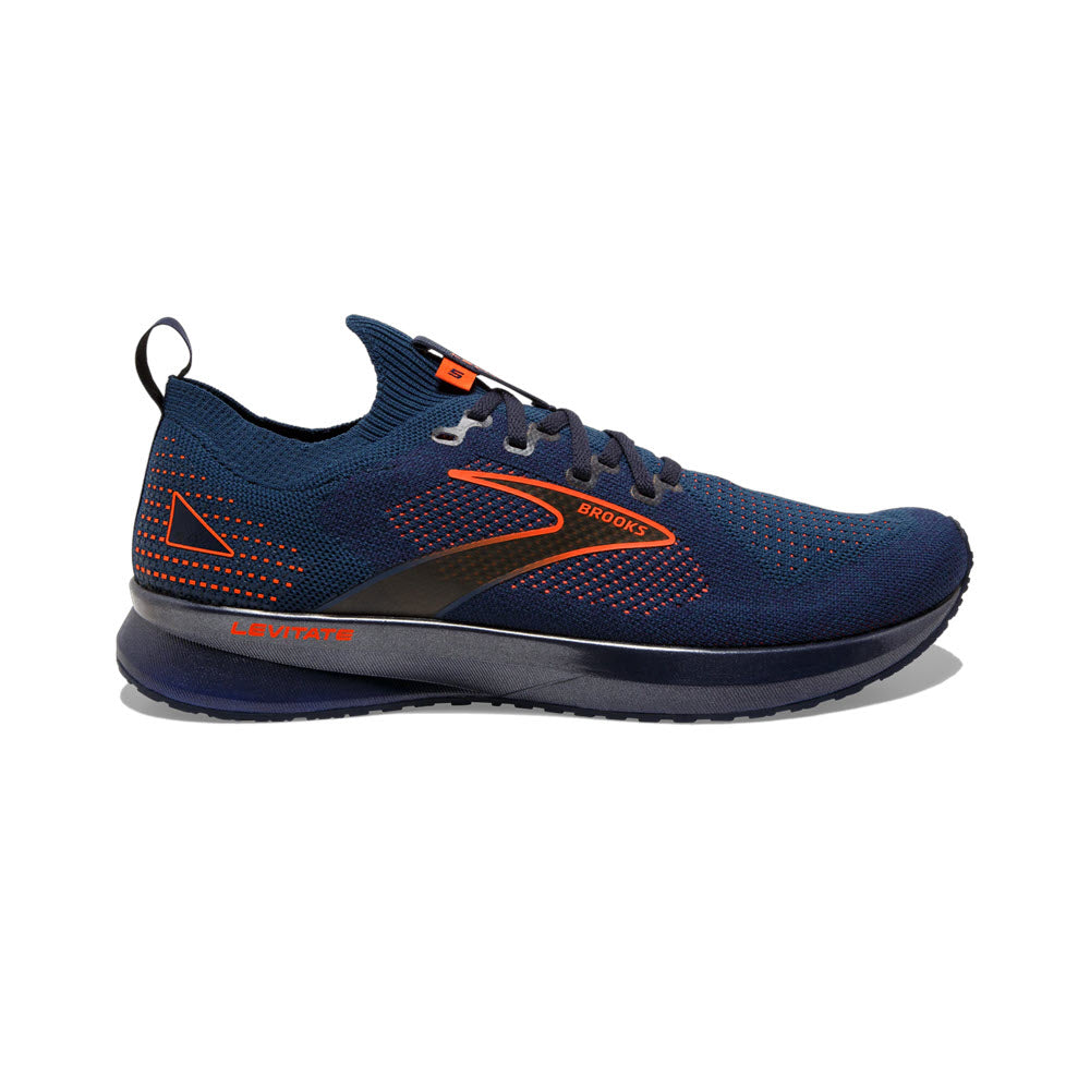 A single dark blue Brooks Levitate StealthFit 5 Peacoat/Titan/Flame running shoe with orange accents and branding on a white background.