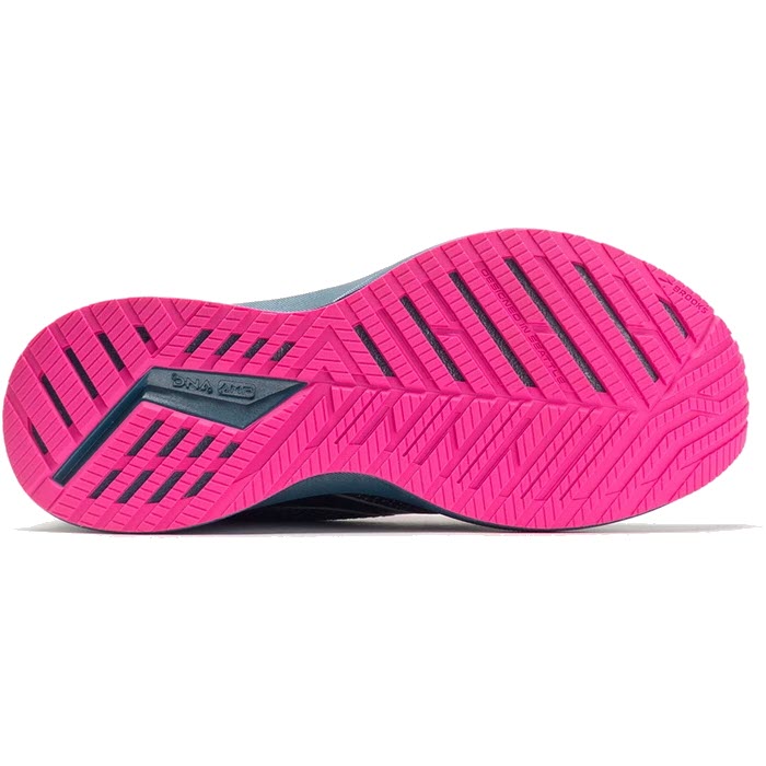 A close-up of the pink textured sole of a Brooks Levitate StealthFit 5 Black/Blue - Womens running shoe.