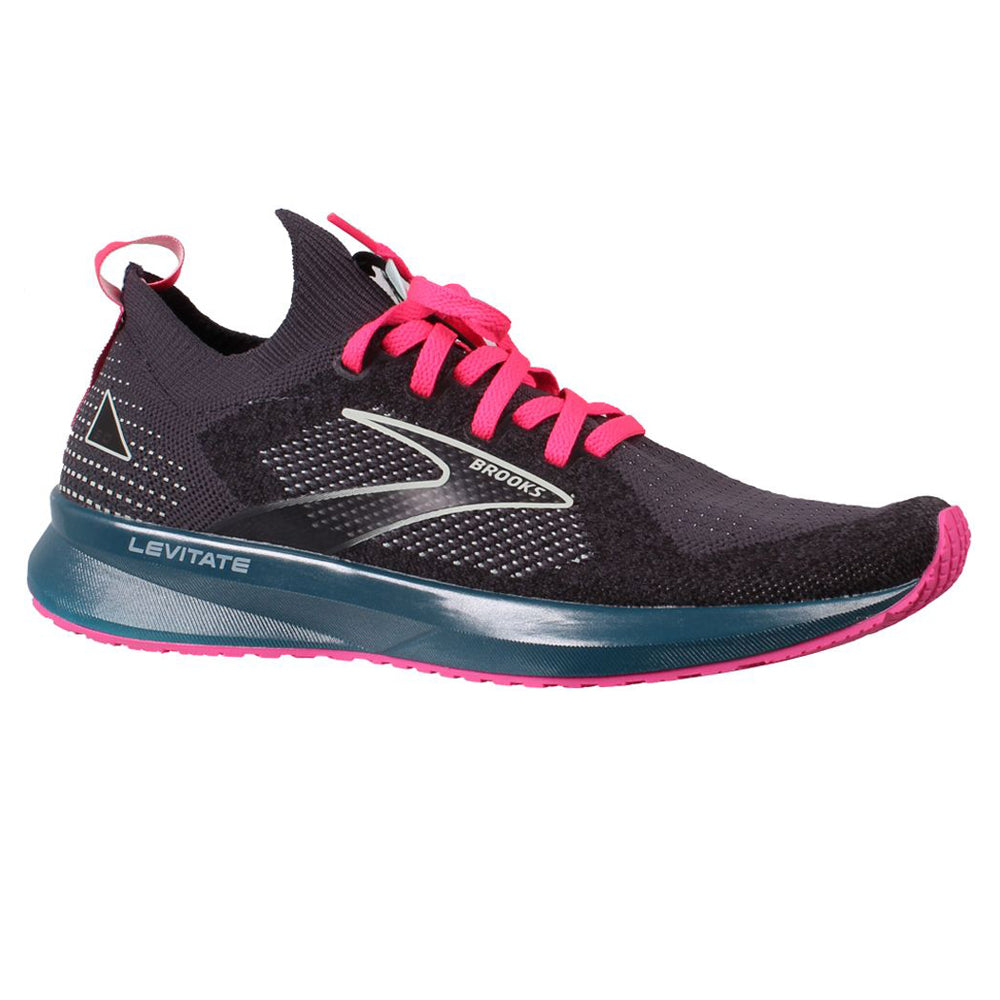 A black and pink Brooks Levitate StealthFit 5 running shoe on a white background.
