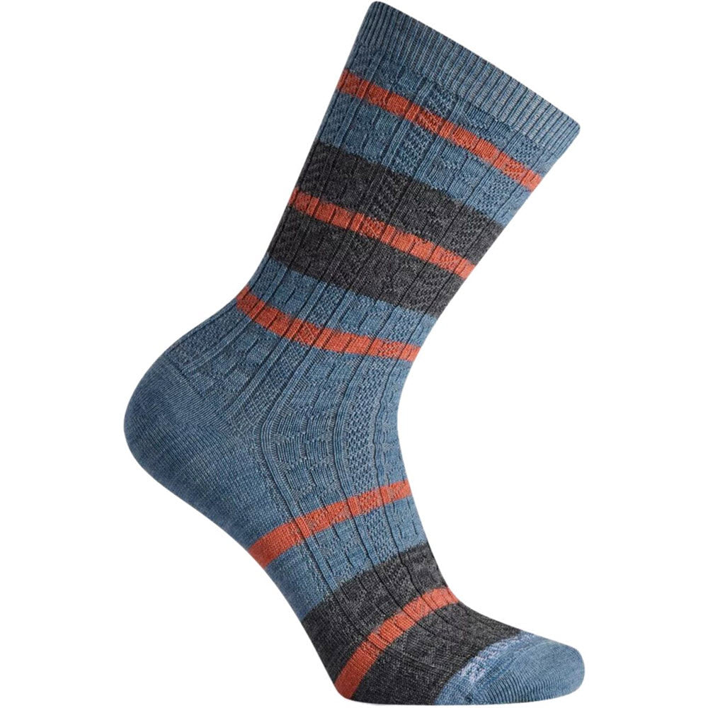 A single Smartwool Striped Crew Sock in Mist Blue with varying shades of blue and a hint of orange detail.