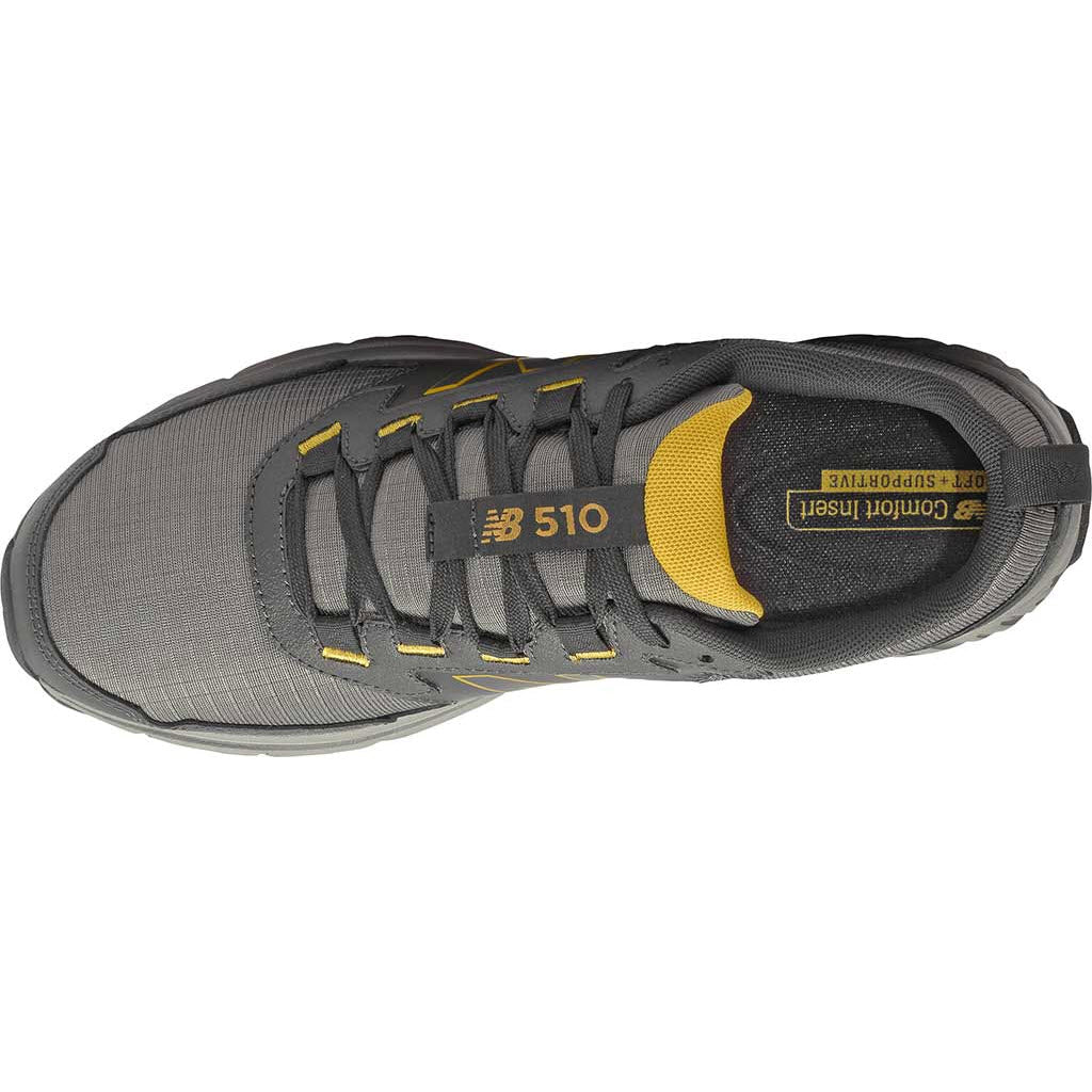 Top view of a gray and yellow New Balance 510v5 men&#39;s trail running shoe.