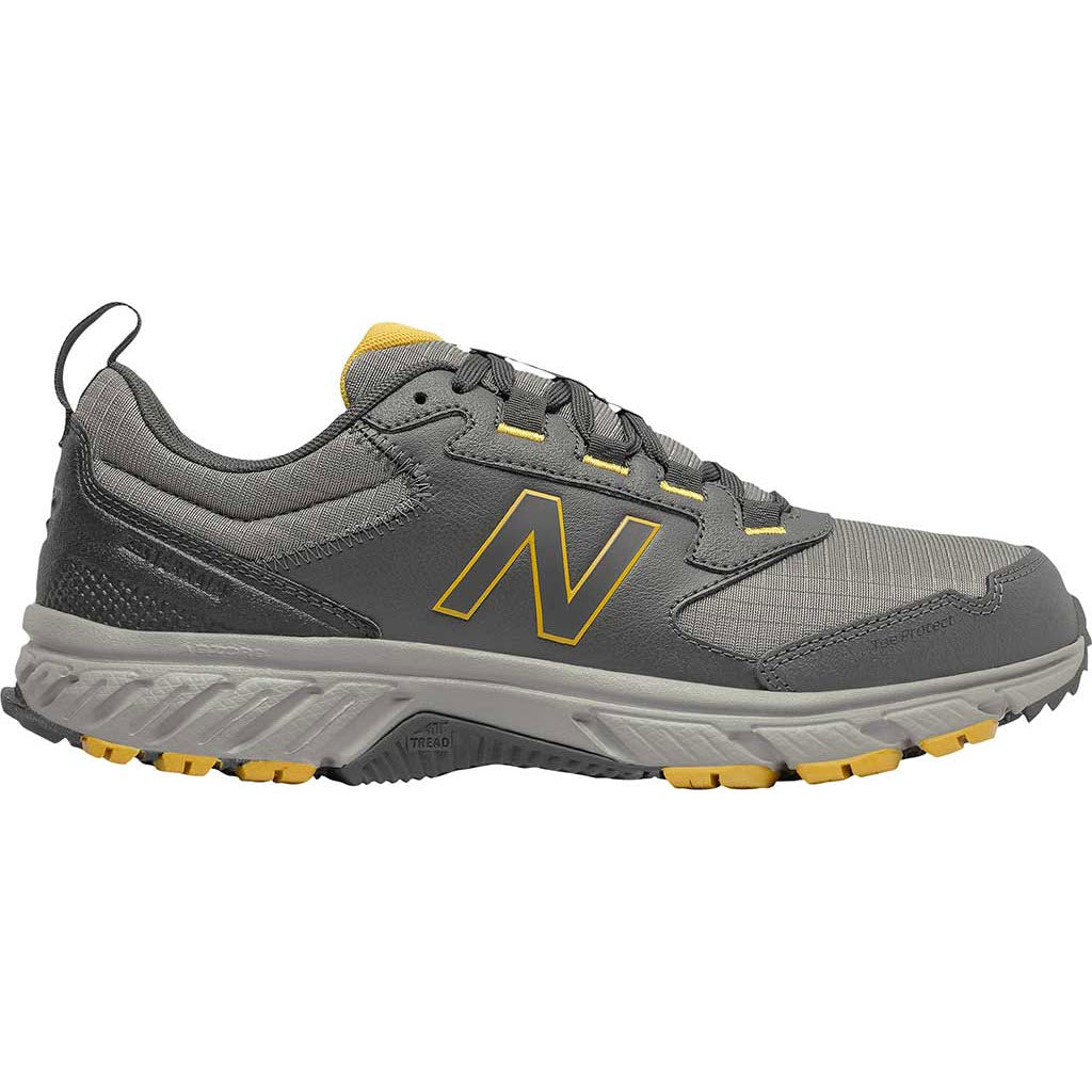Gray and yellow New Balance 510v5 trail running shoe with prominent &#39;n&#39; logo featuring ABZORB technology.