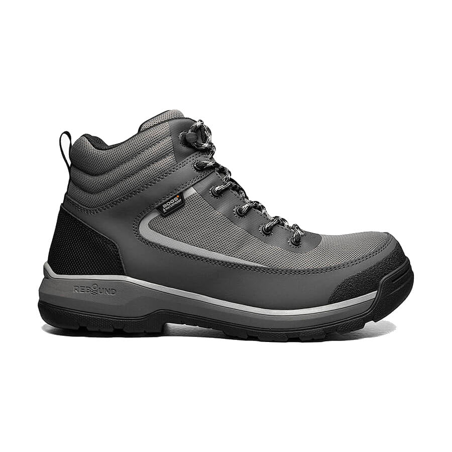 Men's Bogs Shale Mid Soft Toe Waterproof Dark Gray Hiking Boot on a white background.