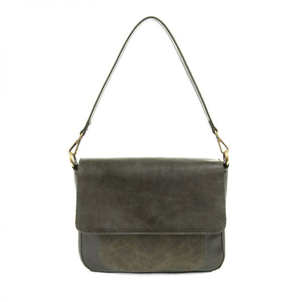 Olive green vegan leather Joy Susan Lexie convertible flap bag with a single cross-body strap and gold-tone hardware.