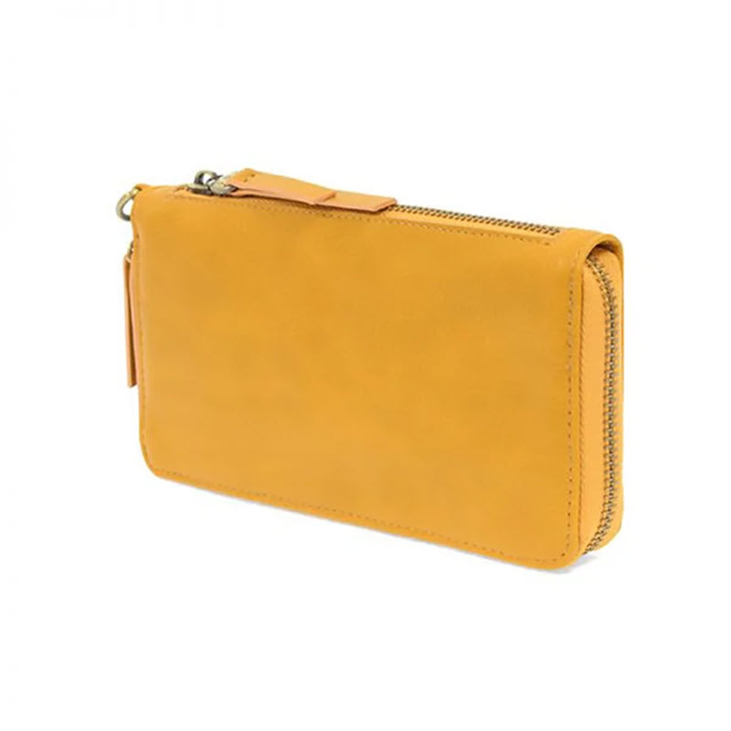 Yellow Joy Susan vegan leather Chloe wallet with zipper closure on a white background.