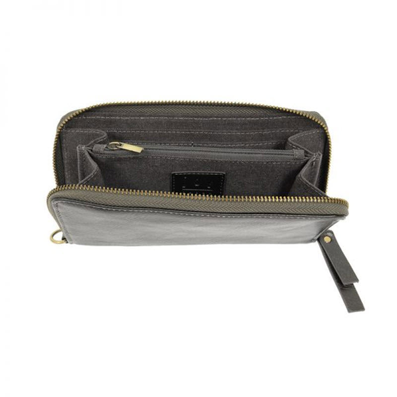 Open fabric pencil case with a vegan leather zipper on a white background. 
Product: JOY CHLOE WALLET CHARCOAL
Brand: Joy Susan