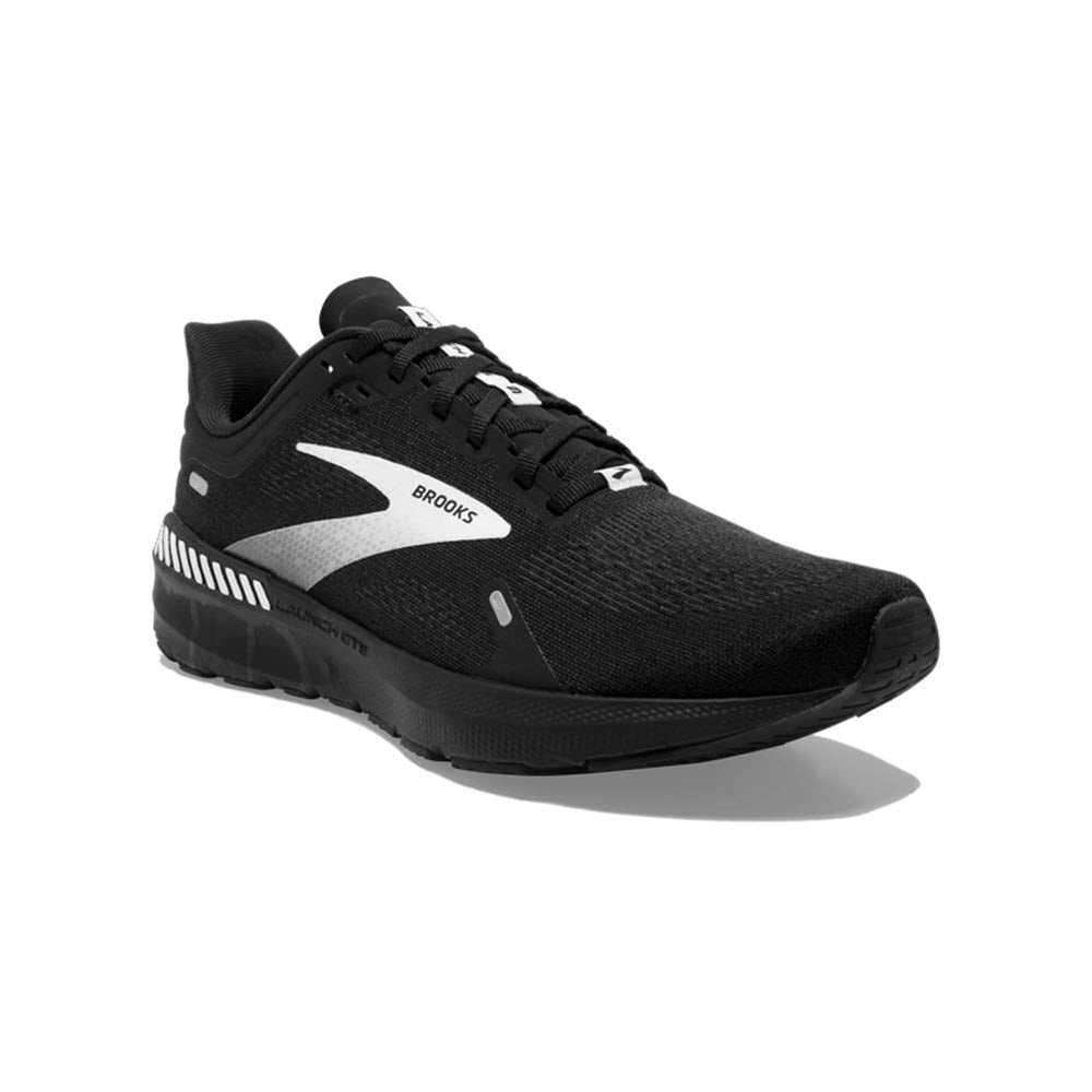 A black Brooks Launch GTS 9 running shoe with white brand detailing and BioMoGo DNA midsole cushioning on a white background.