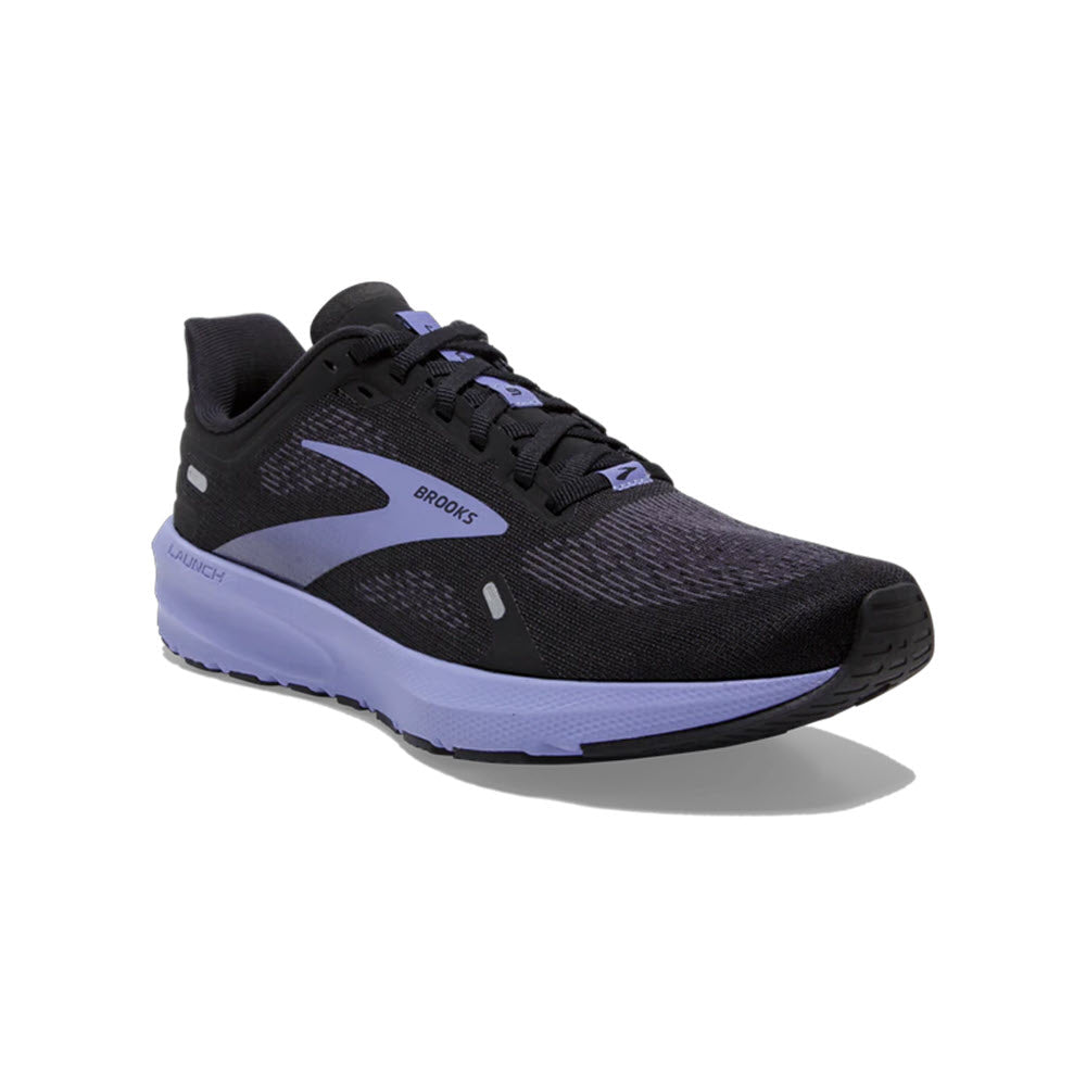 A single black and purple Brooks Launch GTS 9 Black/Purple - Women&#39;s running shoe, featuring BioMoGo DNA cushioning, displayed against a white background.