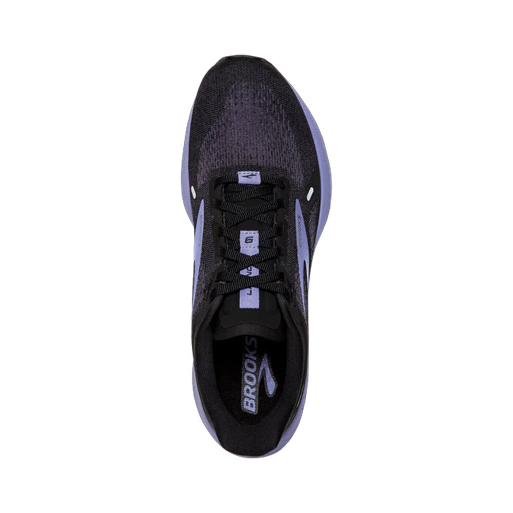 Top view of a single black Brooks Launch GTS 9 BLACK/PURPLE - WOMENS running shoe with white brand logo.