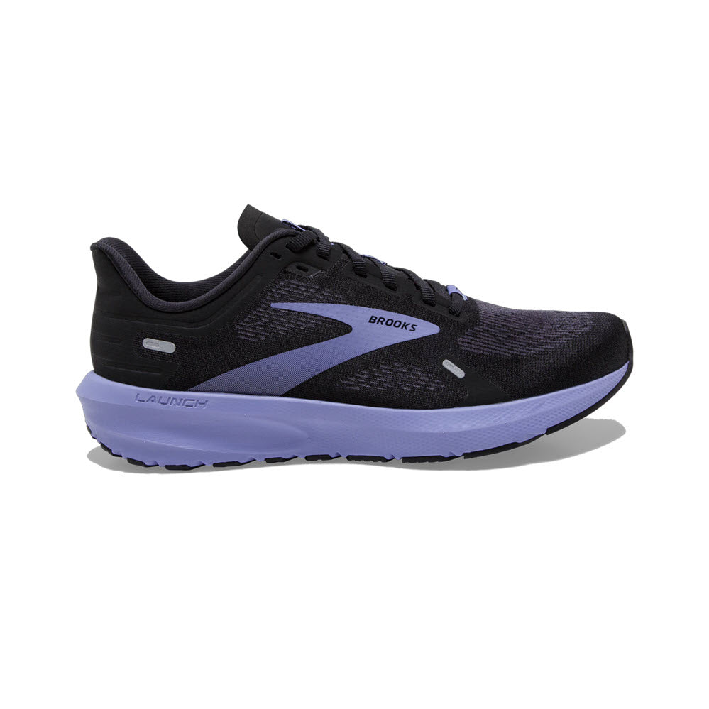 A black and purple Brooks Launch GTS 9 running shoe featuring supportive BioMoGo DNA cushioning against a white background.