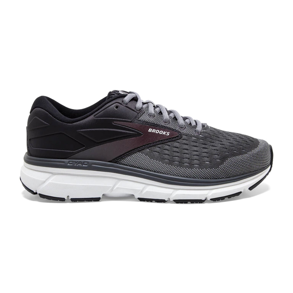 A single Brooks Dyad 11 Black/Ebony - Mens neutral running shoe displayed in profile view, featuring superior cushioning.