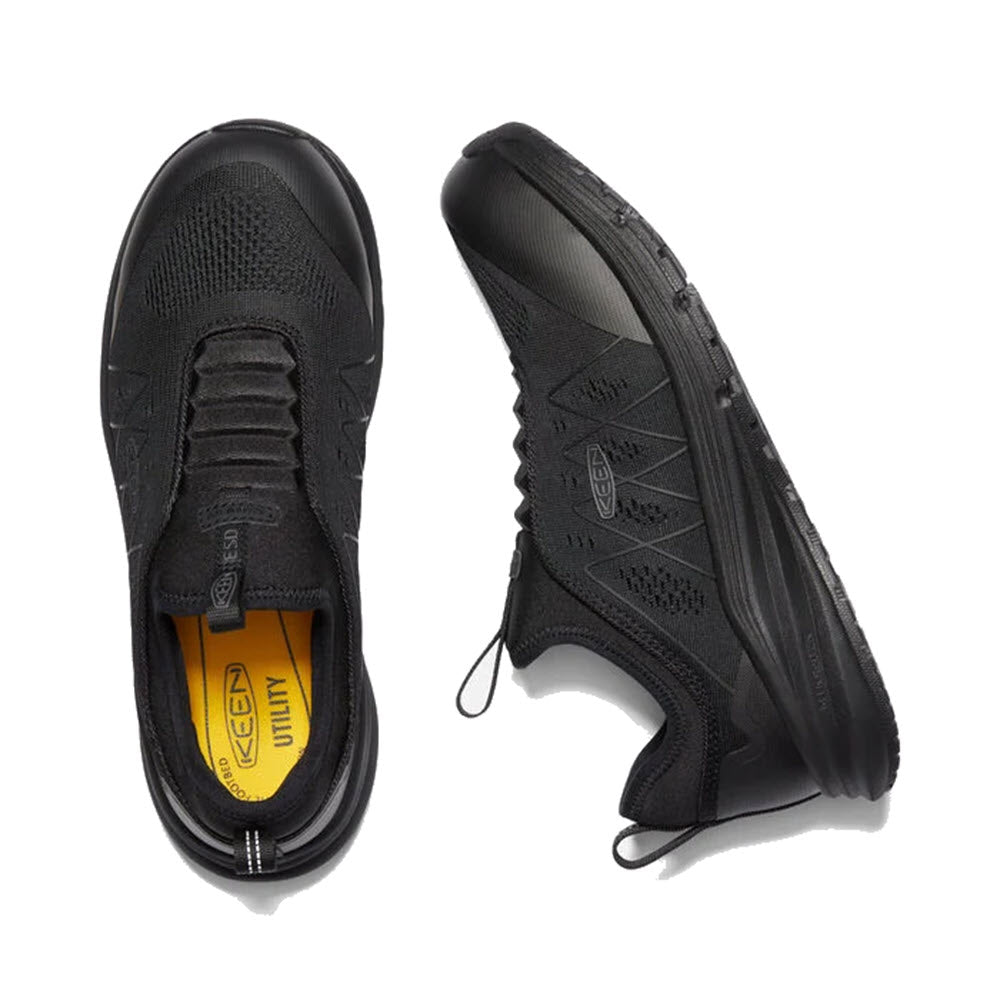 A pair of black work sneakers with Keen.ReGEN cushioning midsole, viewed from above, one shoe flipped to show the ESD-rated outsole.