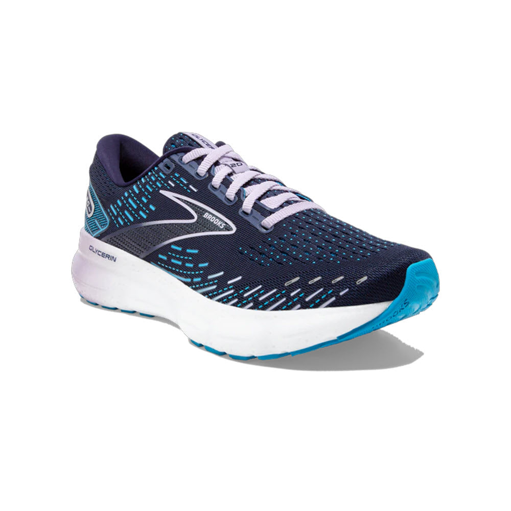 A single blue and white Brooks Glycerin 20 Peacock/Ocean/Lilac women&#39;s road running shoe on a white background.