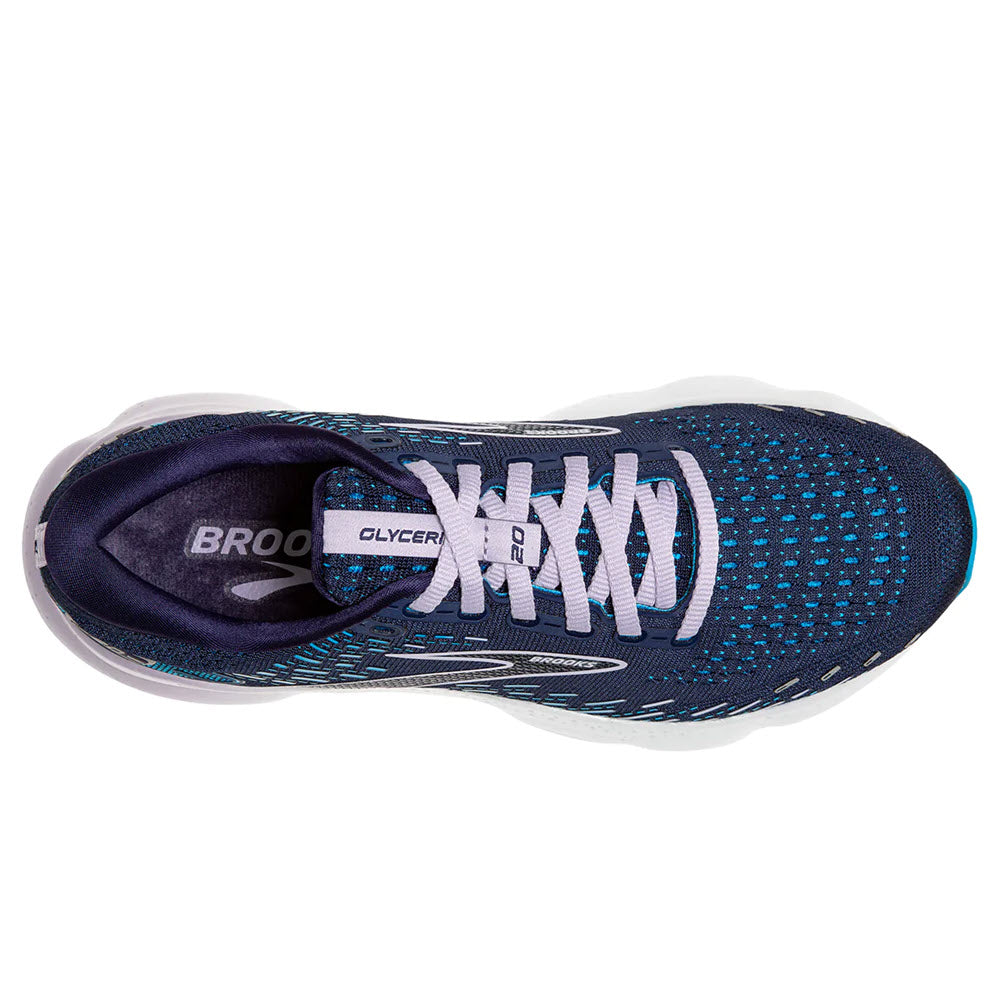 Top-down view of a blue and white Brooks Glycerin 20 Peacock/Ocean/Lilac women&#39;s road running shoe.