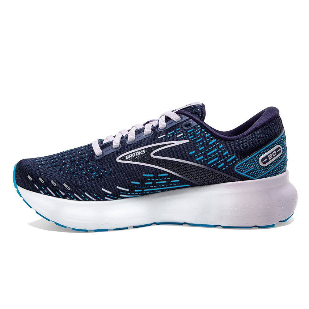 Side view of a women&#39;s blue and white Brooks Glycerin 20 road running shoe.