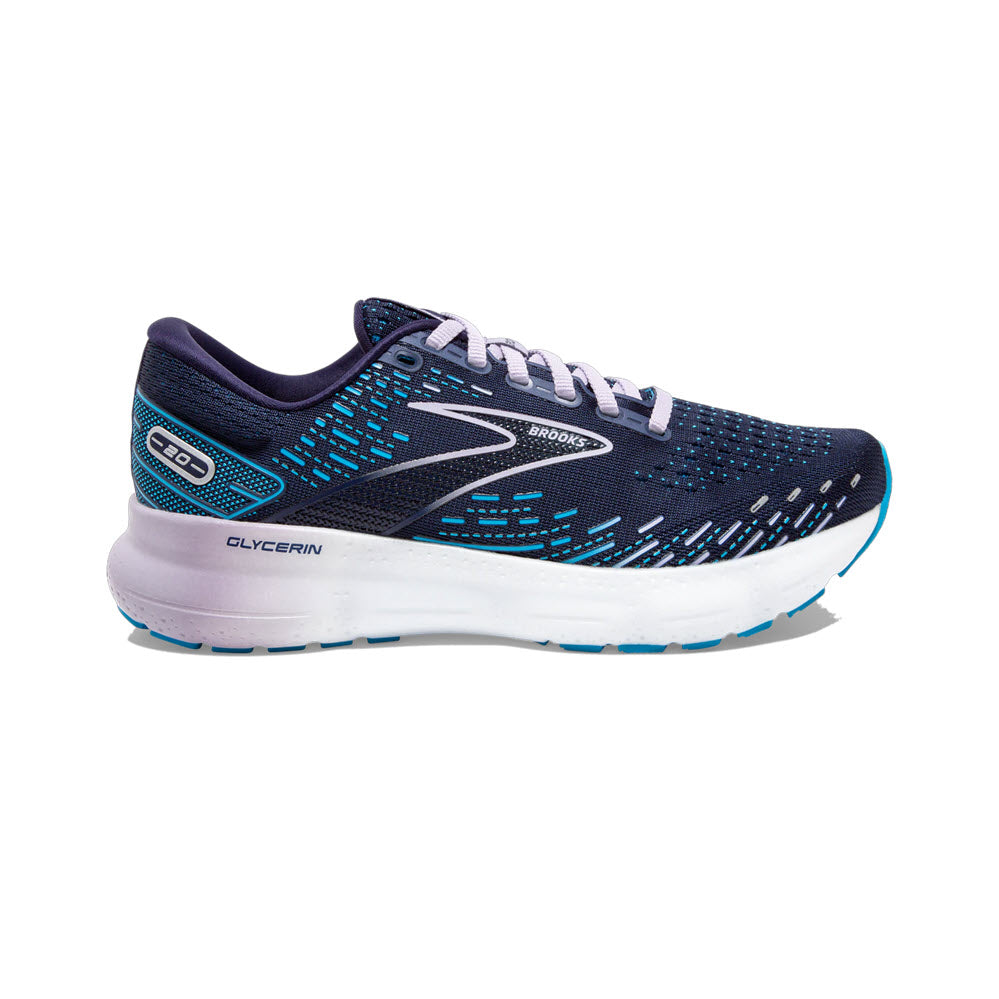 A side view of a women&#39;s road running blue and white Brooks Glycerin 20 Peacock/Ocean/Lilac shoe.