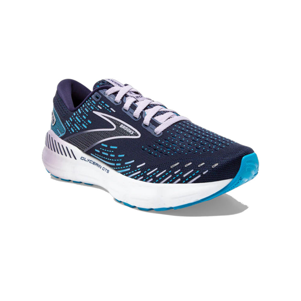 A single Brooks Glycerin 20 GTS Peacock/Ocean running shoe with dynamic GuideRails technology elements on a white background.