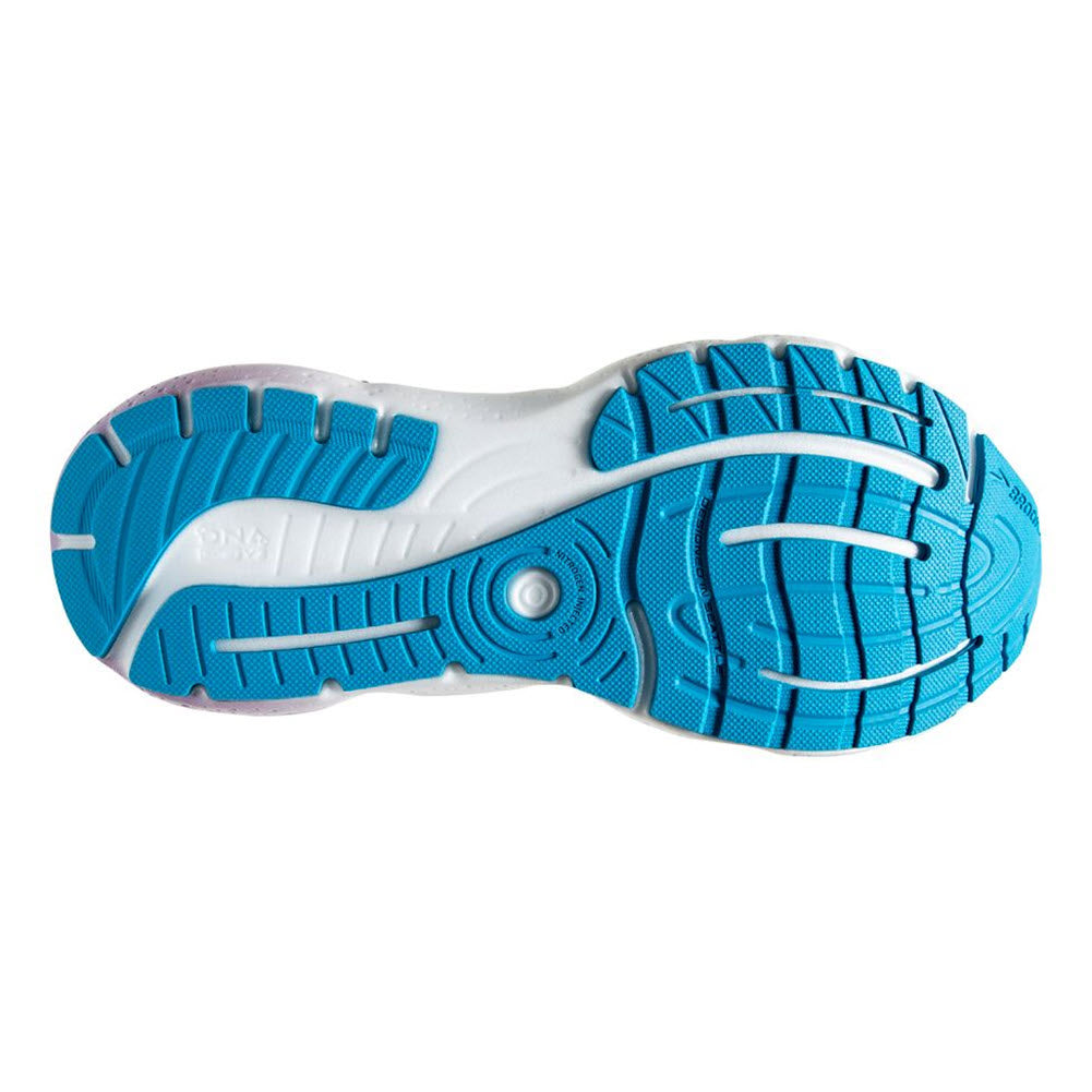 Blue and white rubber sole of a Brooks Glycerin 20 GTS Peacock/Ocean running shoe with treads and circular pivot point design.