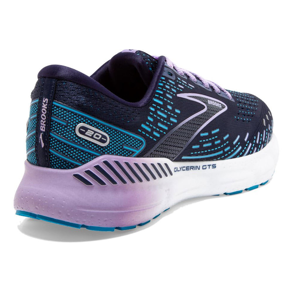 A Brooks Glycerin 20 GTS Peacock/Ocean running shoe with a black and blue upper, GuideRails technology, and a white sole.