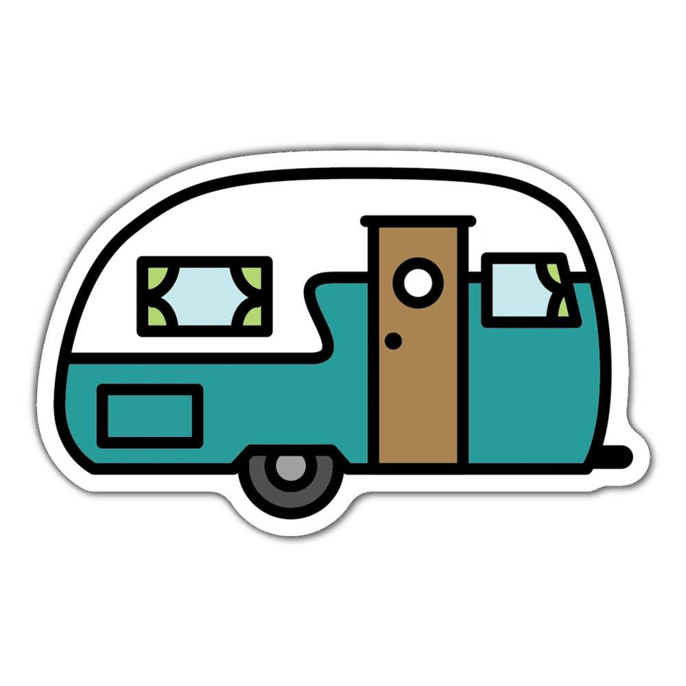 Illustration of a retro-style, weatherproof STICKERS NORTHWEST CAMPER with turquoise and brown accents.