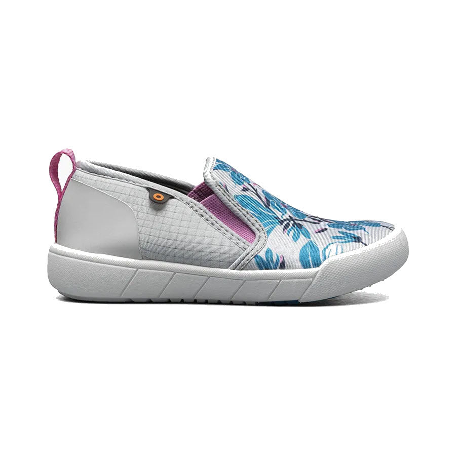 Casual slip-on sneaker with a floral pattern and white sole, perfect for kids due to its easy on and off design - Bogs Kicker II Slip On Magnolia Oyster.