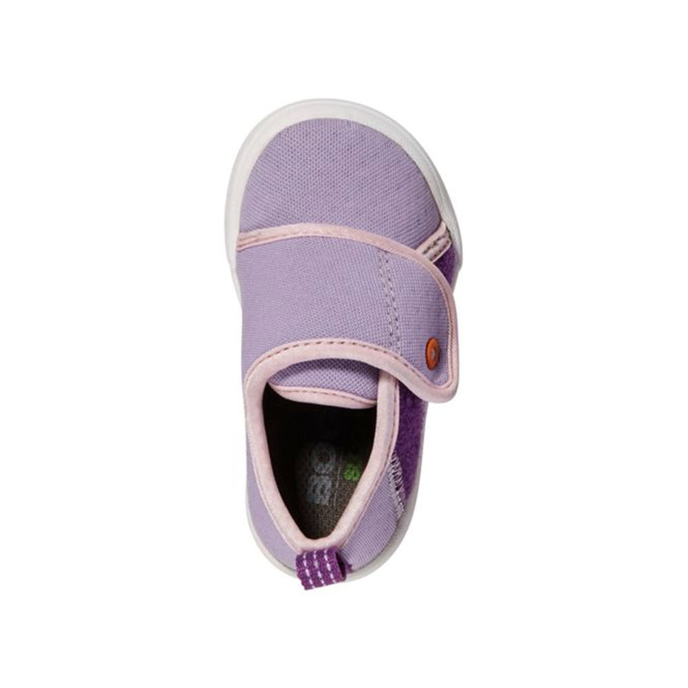 A single waterproof Bogs Baby Kicker Hook &amp; Loop Lavender Multi rainboot for toddlers with velcro strap on a white background.
