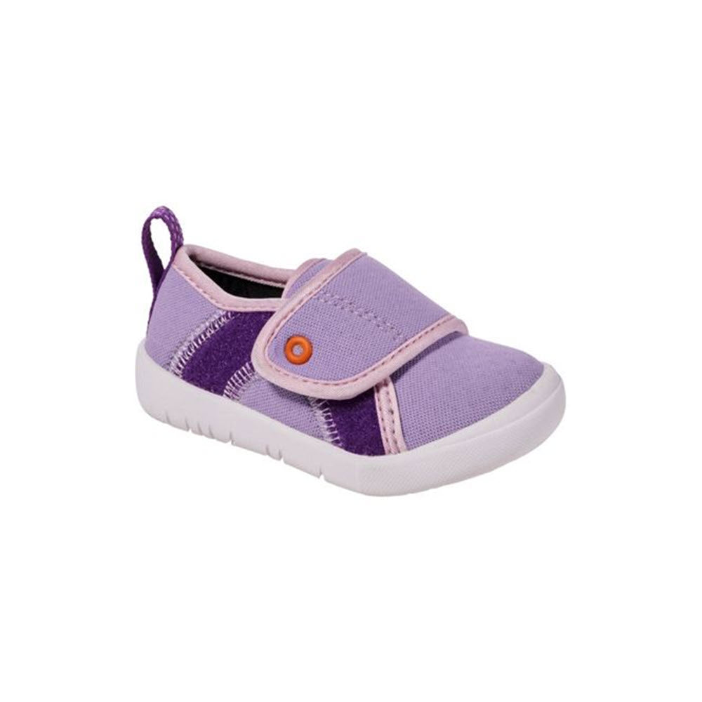 A single purple child&#39;s Bogs Baby Kicker Hook &amp; Loop Lavender Multi rainboot with a hook-and-loop strap on a white background.