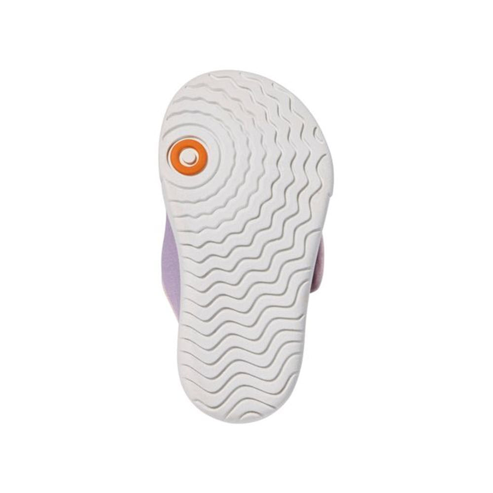 Sole of a sporty waterproof white Bogs shoe with orange and purple accents.