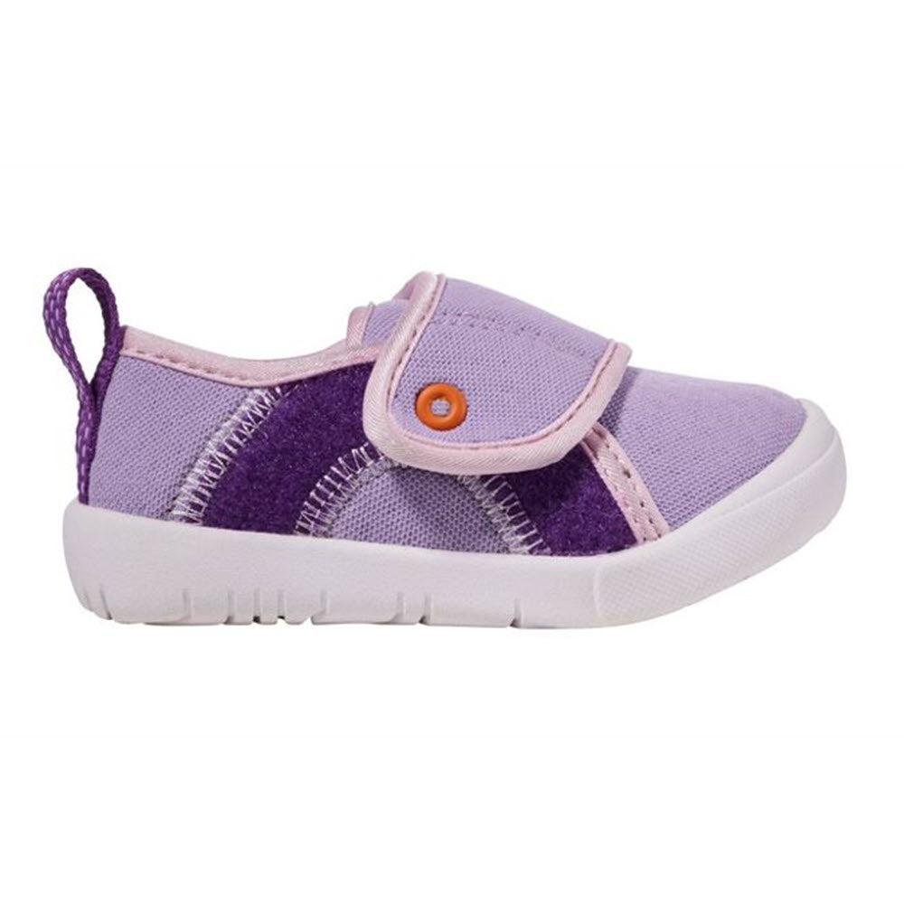 Child&#39;s purple Bogs Baby Kicker Hook &amp; Loop Lavender Multi rainboot with waterproof white sole.