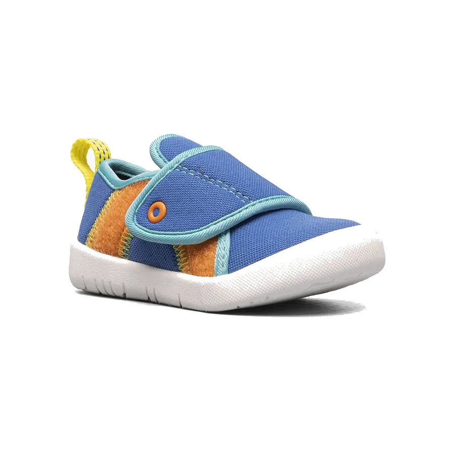 A single Bogs Baby Kicker Hook &amp; Loop Royal Multi - Toddlers child&#39;s sneaker with decorative accents and an easy on and off velcro strap.